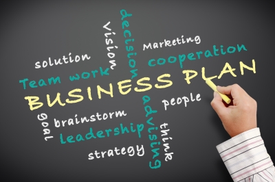 Business plan wordle on chalkboard